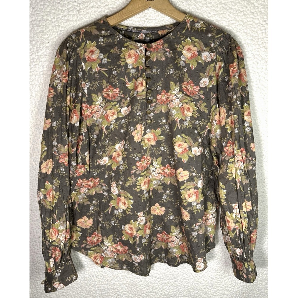 Anthropologie Gray Cotton Floral Michaela Peasant Blouse Size S